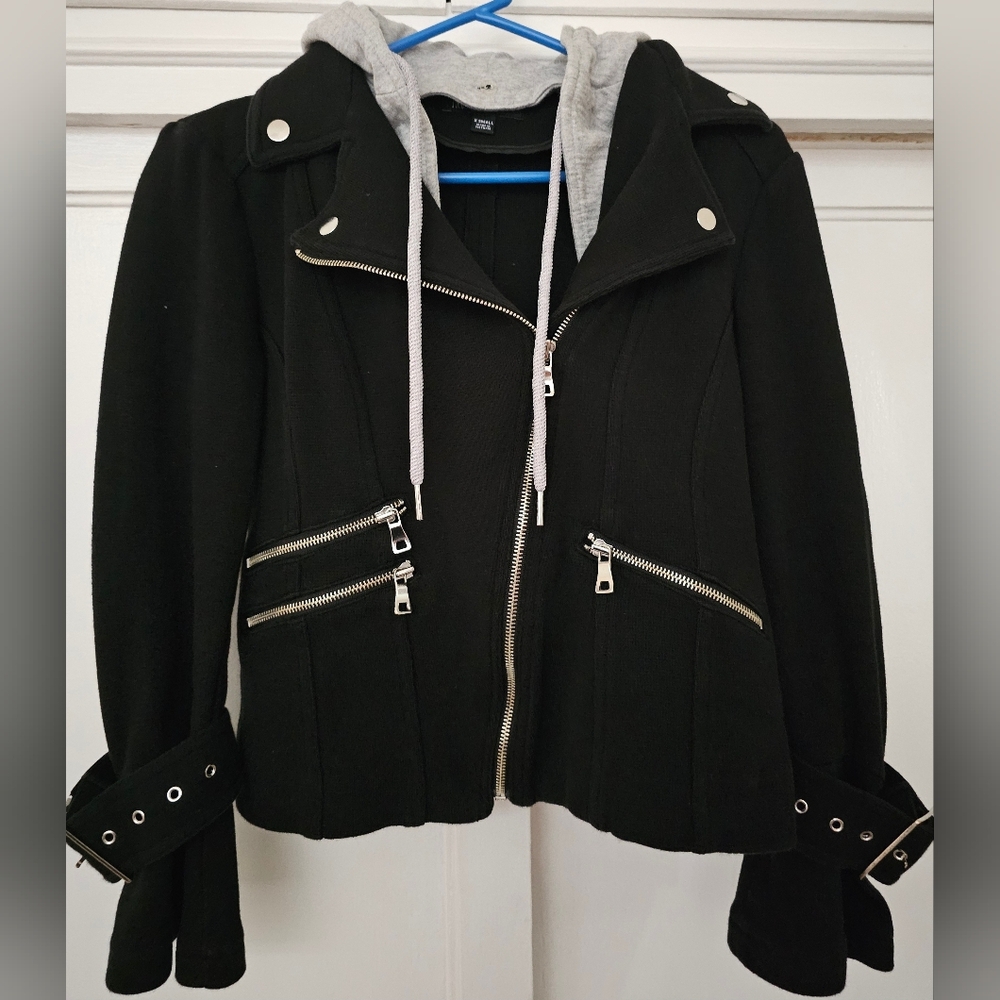 INC International Concepts Black Utility Jacket with Gray Removable Hoodie.